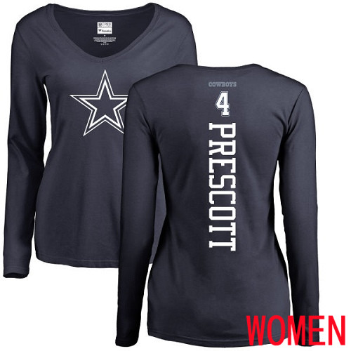 Women Dallas Cowboys Navy Blue Dak Prescott Backer Slim Fit #4 Long Sleeve Nike NFL T Shirt